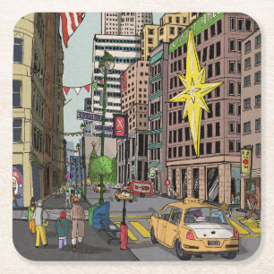 Manhattan Winter New York Christmas Illustration Square Paper Coaster