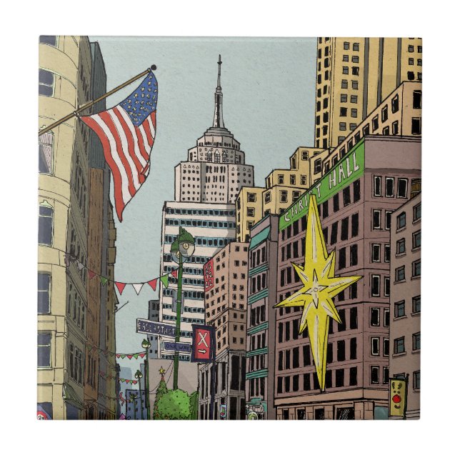 Manhattan Winter New York Christmas Illustration Tile (Front)