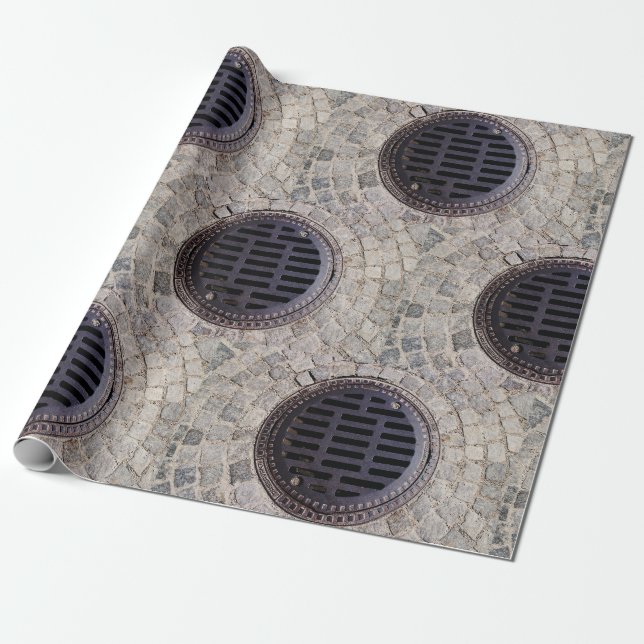 Manhole cover and cobblestone road wrapping paper (Unrolled)