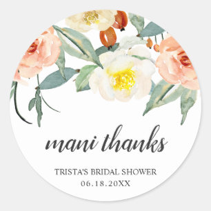 Mani Thanks Peach Floral Bridal Shower Favour Classic Round Sticker