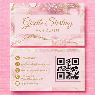 Manicurist Blush Pink Gold Agate QR Code Business Card