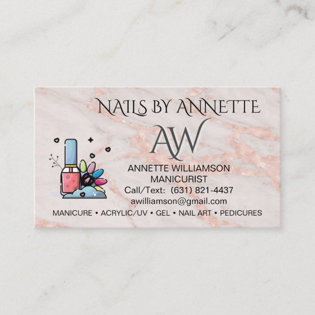 Manicurist Nail Technician Blush Rose Marble  Business Card (Front)
