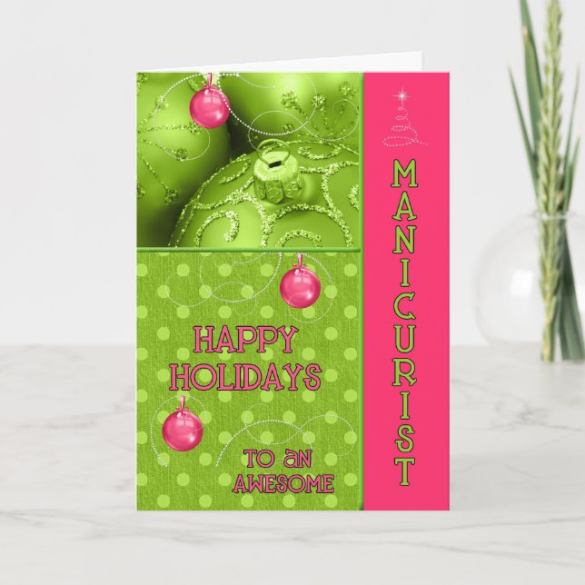 Manicurist Pink and Green Ornaments Holiday Card (Front)