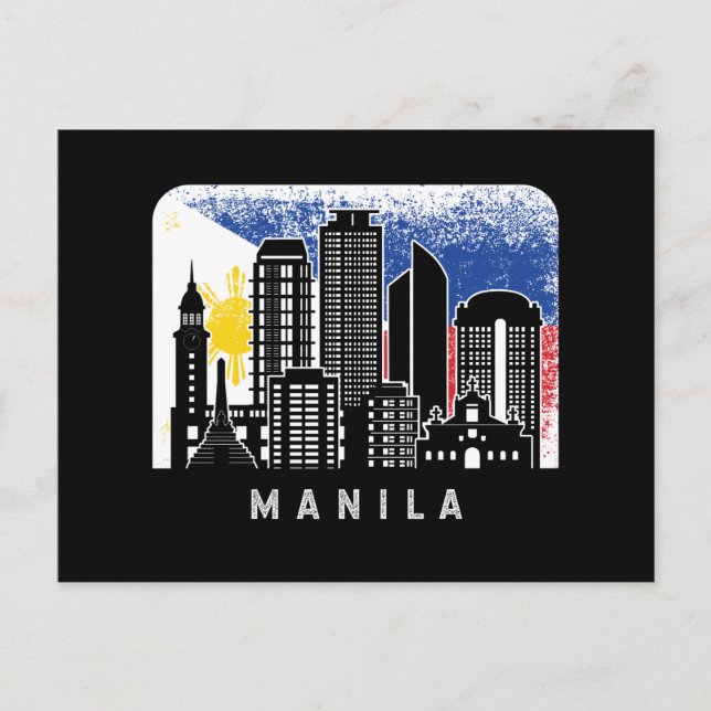 Manila NCR Skyline Vintage Philippines Flag Postcard (Front)