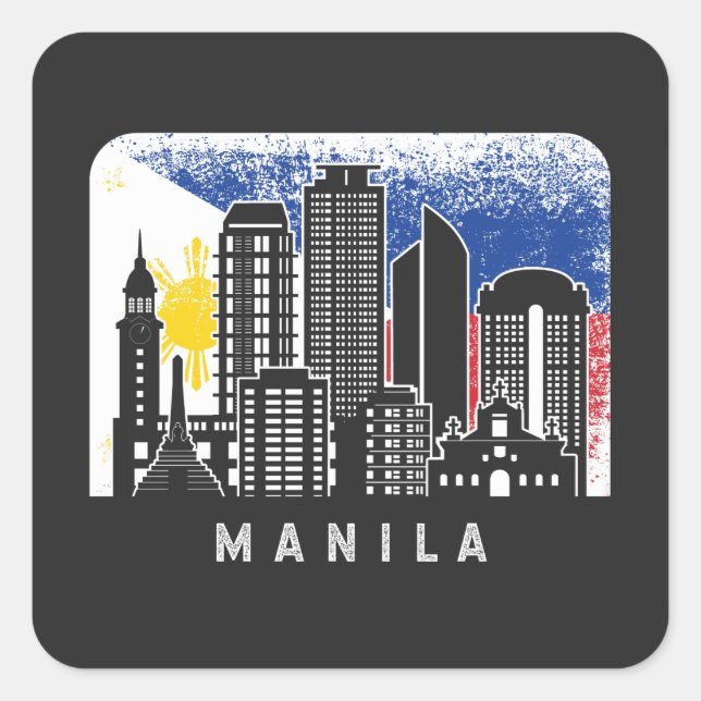 Manila NCR Skyline Vintage Philippines Flag Square Sticker (Front)