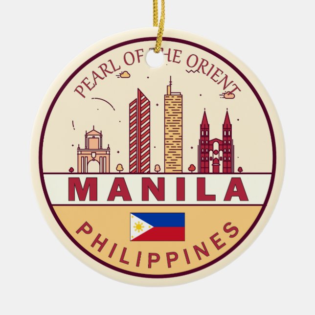 Manila Philippines City Skyline Emblem Ceramic Tree Decoration (Front)