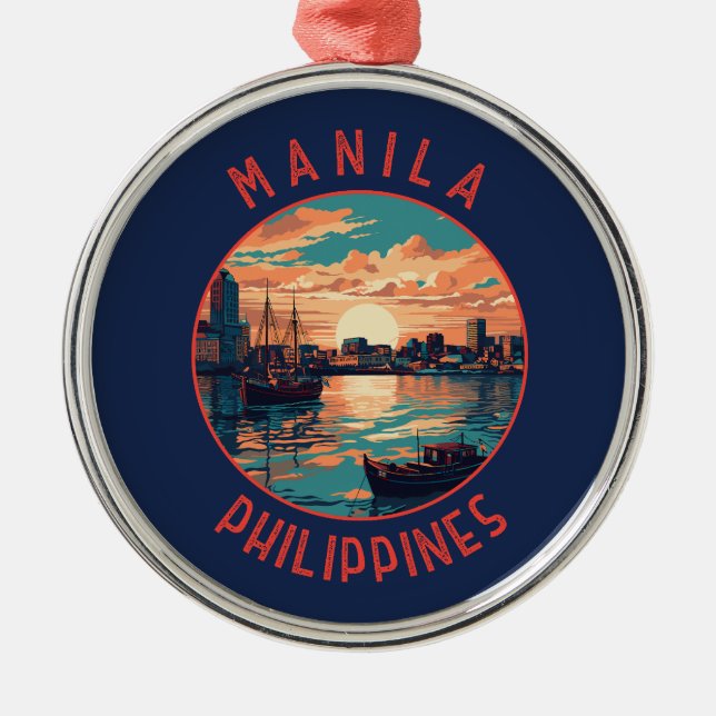 Manila Philippines Retro Distressed Circle Metal Tree Decoration (Front)