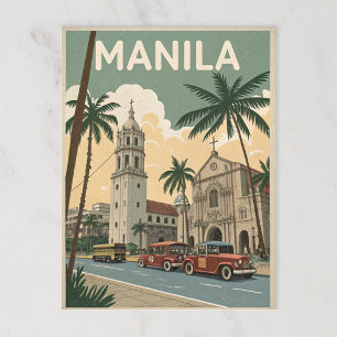 Manila Streets and Jeepneys in Retro Art Postcard