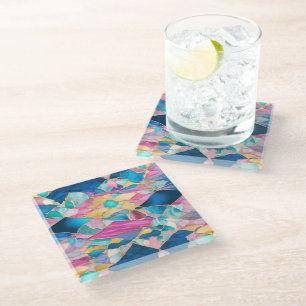 “Manilva” Blue Pink Sand Fractured Waves Glass Coaster