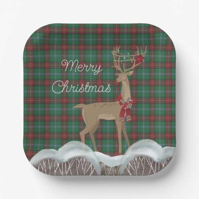 Manitoba Provincial Tartan and Christmas Deer  Paper Plate (Front)