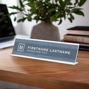 Manly Linen Look with Name Title Monogram - Blue Desk Name Plate