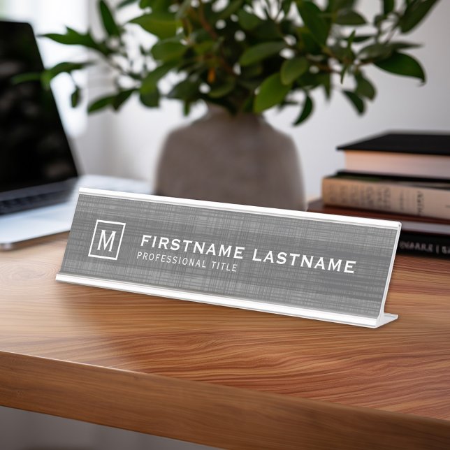 Manly Linen Look with Name Title Monogram Desk Name Plate (Professional Name Plate with Linen Background)