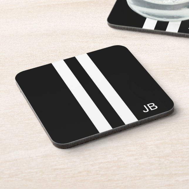 Manly Monogram Black and White Stripe Coasters (Left Side)