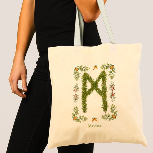 Mannaz Rune in Evergreen Branches Personalized Tote Bag (Creator Uploaded)
