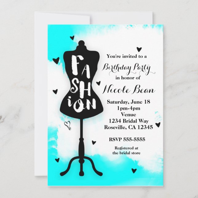 Mannequin Stand FASHION Aqua & White with Hearts Invitation (Front)