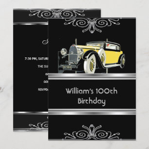 Mans 100th Birthday Party Black Vintage Car Invitation