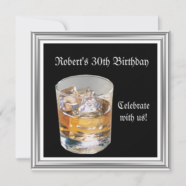 Mans 30th Birthday Party Black Silver Drinks Invitation (Front)