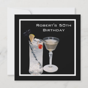 Mans 50th Birthday Party Black Silver Drinks Invitation