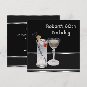 Mans 60th Birthday Party Black Silver Drinks Invitation