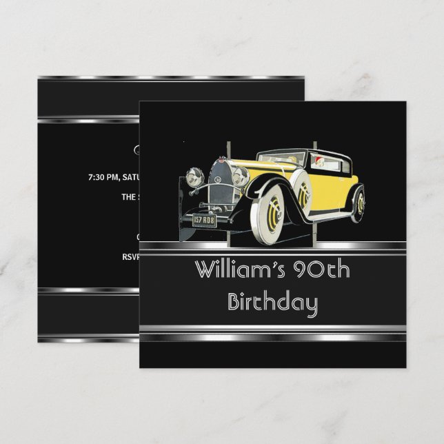 Mans 90th Birthday Party Black Vintage Car Invitation (Front/Back)