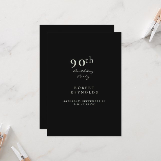 Man's 90th Birthday Party Simple Black Invitation (Front/Back In Situ)