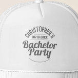 Man's Bachelor Party Trucker Hat<br><div class="desc">To celebrate a Bachelor Party. Designed for someone who is having a "Bachelor Party"! Men's hat with the date of the party. Bachelor Party cap. Add the name of the person whose party it is. Bachelor Party baseball cap.</div>