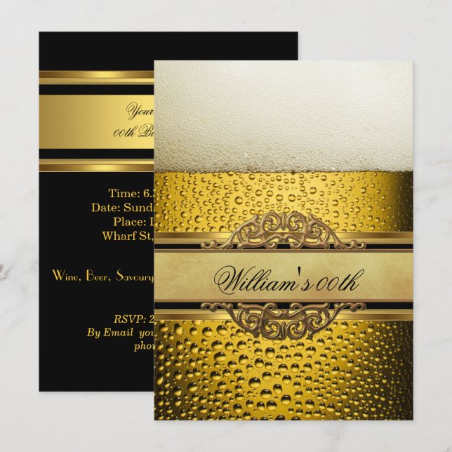 Mans Beer Black Gold Birthday Party All Ages Invitation (Front/Back)
