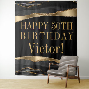 Mans Birthday Party Backdrop Black Gold Agate Tapestry