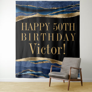Mans Birthday Party Backdrop Blue Gold Agate Tapestry