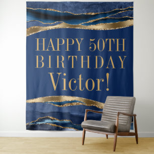 Mans Birthday Party Backdrop Blue Gold Agate Tapestry