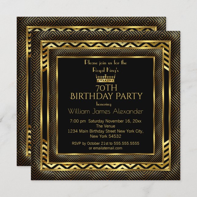 Mans Birthday Party Photo Crown Gold Art Deco Invitation (Front/Back)