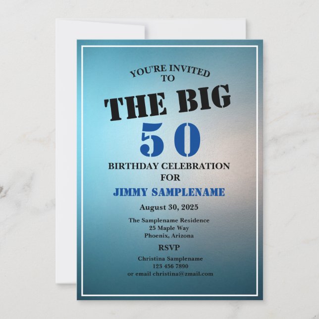 Man's Blue Birthday Party Celebrating The Big Year Invitation (Front)