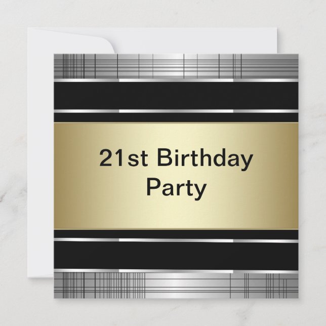 Mans Classy Black Silver Gold 21st Birthday Party Invitation (Front)