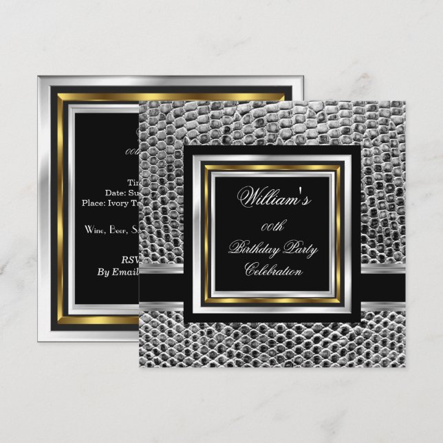 Mans Elegant Black Gold Silver Birthday Party Mens Invitation (Front/Back)