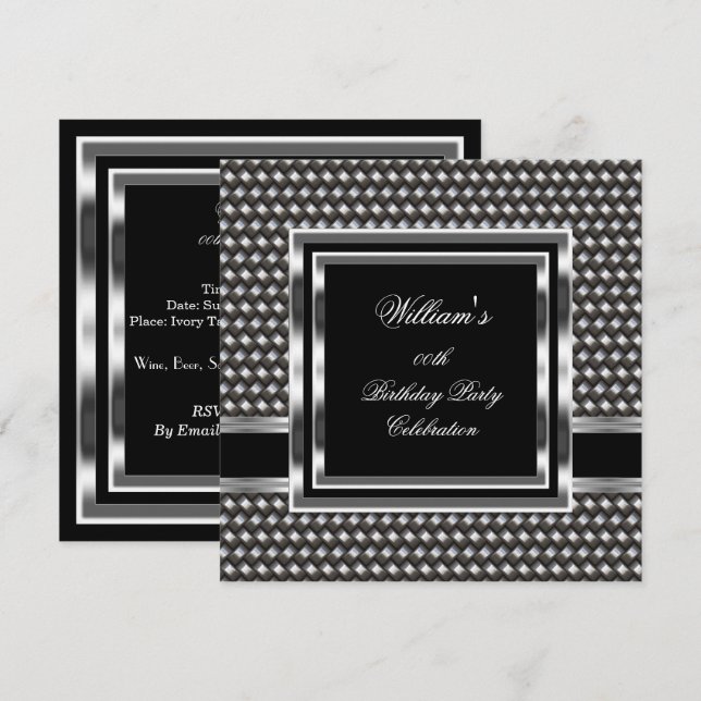 Mans Elegant Black Silver Birthday Party Mens Invitation (Front/Back)