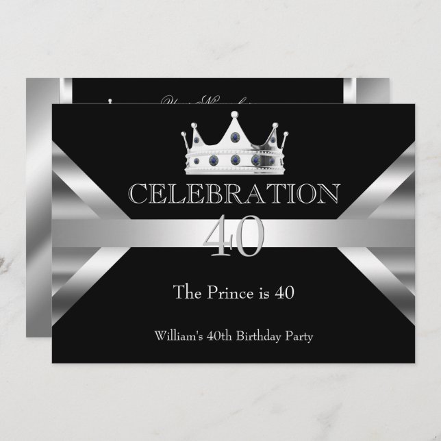 Mans Elegant Black Silver Prince King Birthday Invitation (Front/Back)