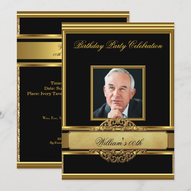 Mans Elegant Gold Birthday Party Mens Photo 2 Invitation (Front/Back)