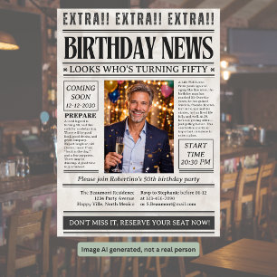 Man's Funny Newspaper Photo 50th Birthday  Invitation
