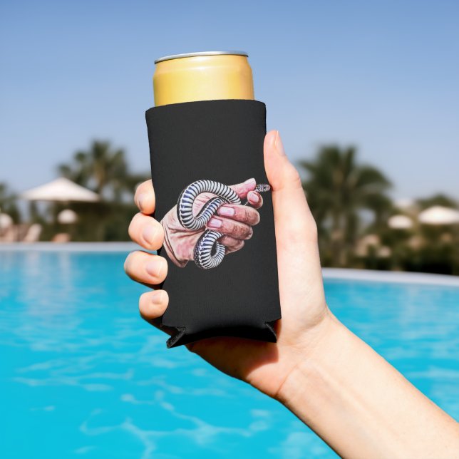mans hand holding baby snake reptile art seltzer can cooler (In Situ Pool)