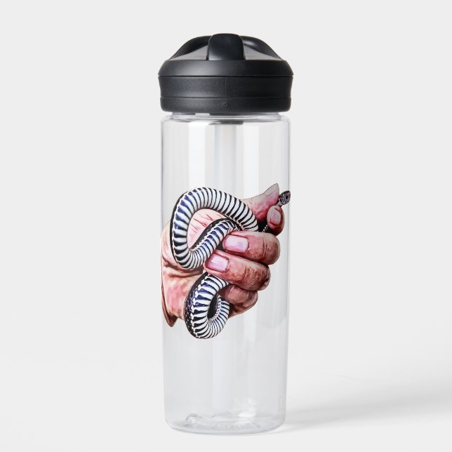 mans hand holding baby snake reptile art water bottle (Front)