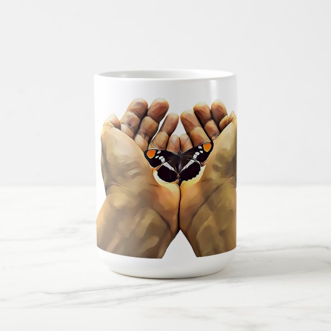 mans hand holding butterfly digital nature art coffee mug (Center)