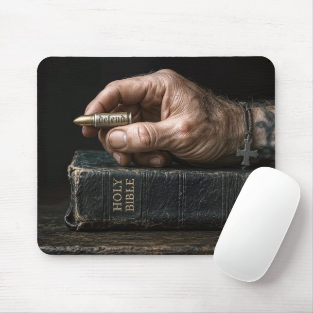 Man's Hand on a Bible Holding a Bullet Mouse Mat (With Mouse)