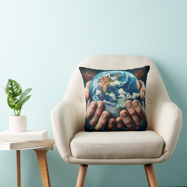 Man's Hands Holding Planet Earth Cushion (Chair)