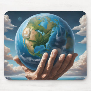 Man's Hands Holding Planet Earth Mouse Mat