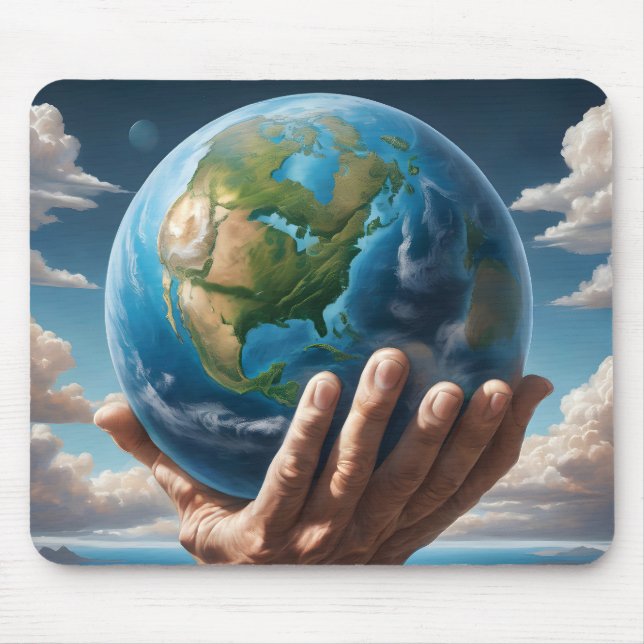 Man's Hands Holding Planet Earth Mouse Mat (Front)