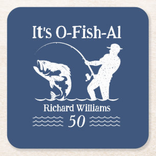 Man's It's O-fish-al Fisherman 50th Birthday Party Square Paper Coaster
