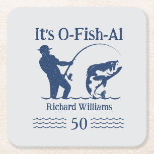 Man's It's Ofishal Fisherman 50th Birthday Party Square Paper Coaster