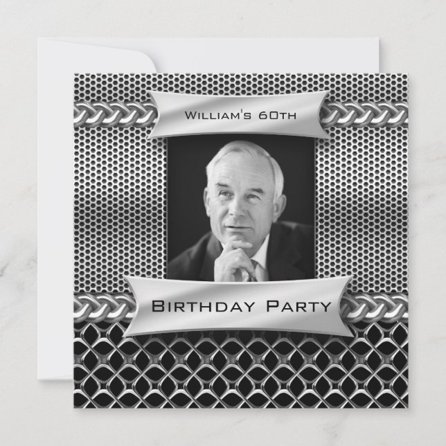 Mans Men's 60th Silver Metal Look Birthday Invitation (Front)