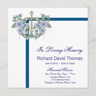 Mans Navy Blue Cross In Loving Memory Memorial Invitation