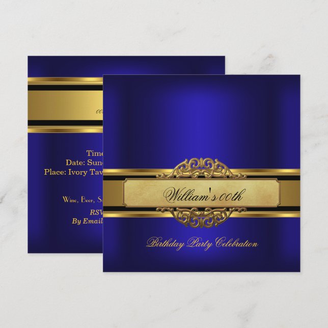Mans Royal blue Gold Birthday Party Mens Invitation (Front/Back)